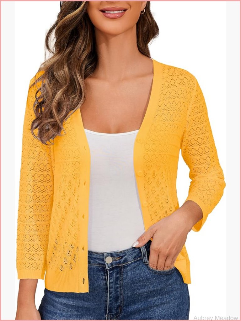 Lightweight Crochet Cardigan 3/4 Sleeve Cropped V Neck Button Shrug Knit Sweater